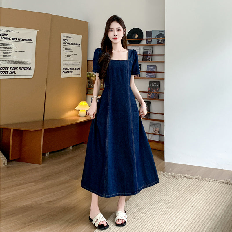 Retro Square Neck Denim Maxi Dress with Puff Sleeves