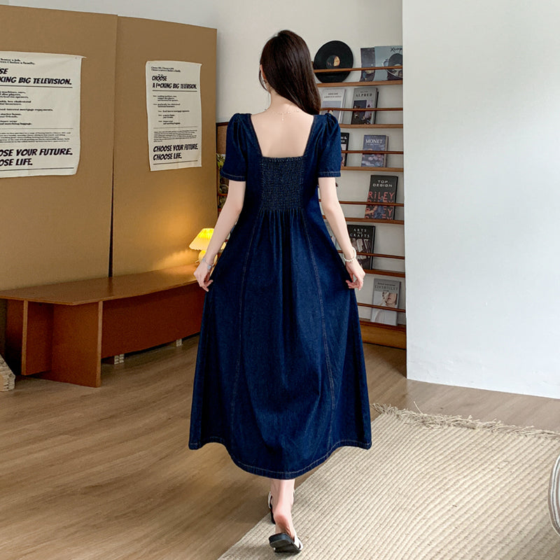 Retro Square Neck Denim Maxi Dress with Puff Sleeves