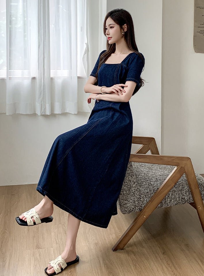 Retro Square Neck Denim Maxi Dress with Puff Sleeves