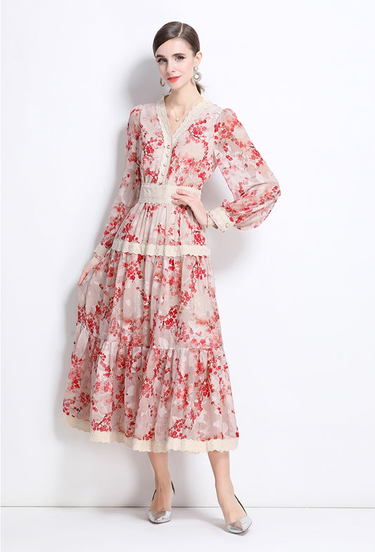 Retro V-neck Lace-trimmed Long-sleeved Floral Printed Dress