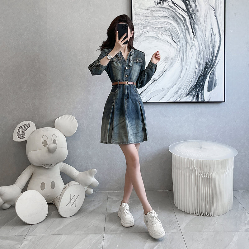Retro Vintage Washed Pleated Denim Mini Shirt Dress