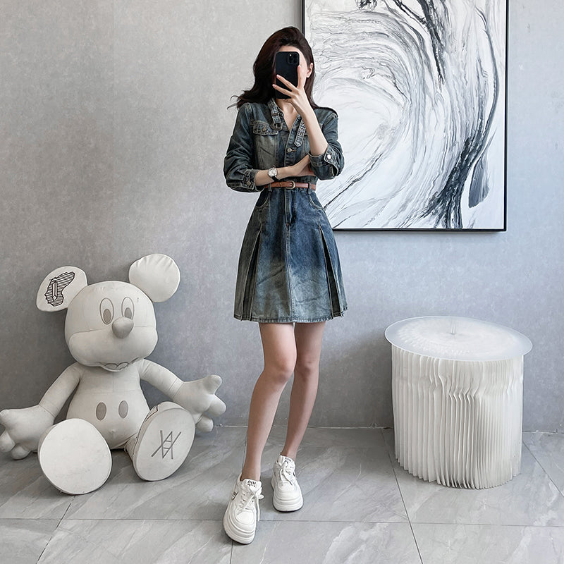 Retro Vintage Washed Pleated Denim Mini Shirt Dress