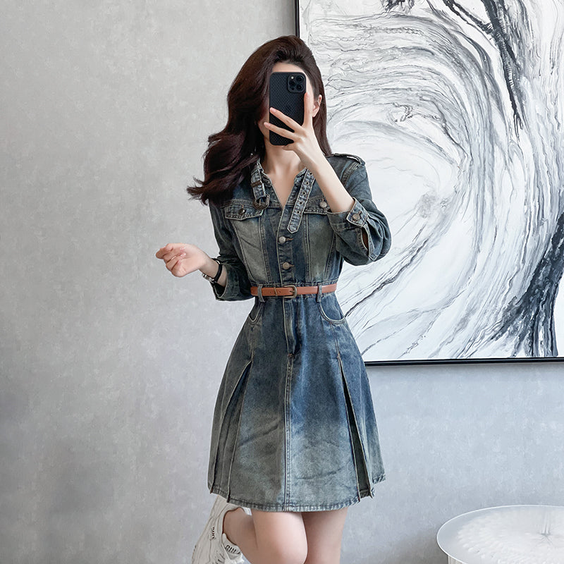 Retro Vintage Washed Pleated Denim Mini Shirt Dress