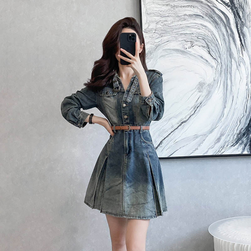 Retro Vintage Washed Pleated Denim Mini Shirt Dress