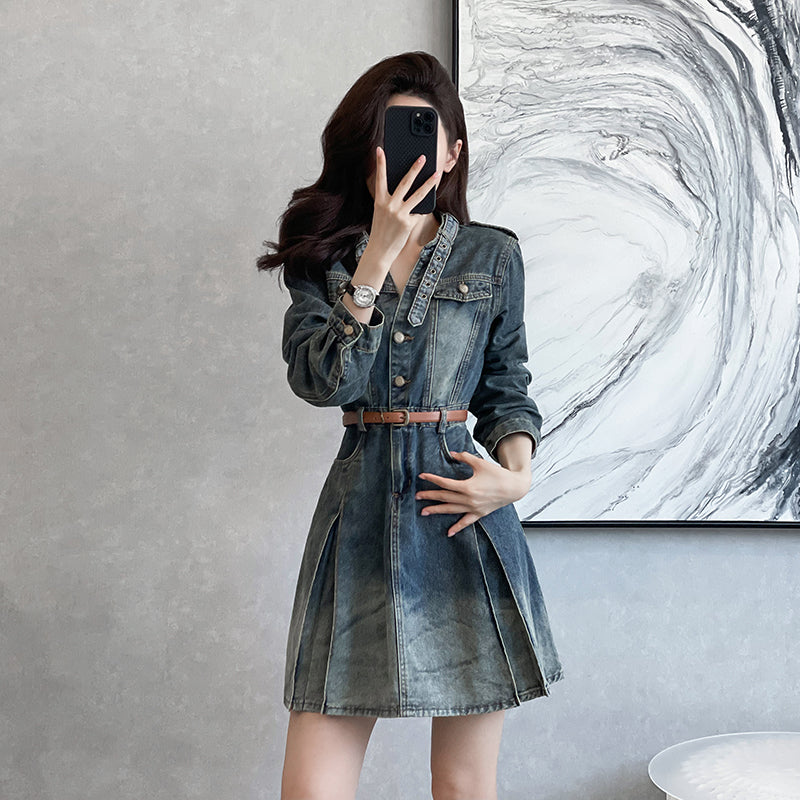 Retro Vintage Washed Pleated Denim Mini Shirt Dress