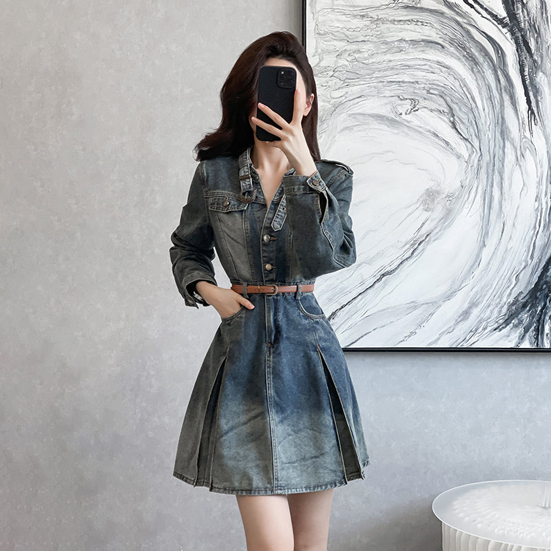 Retro Vintage Washed Pleated Denim Mini Shirt Dress
