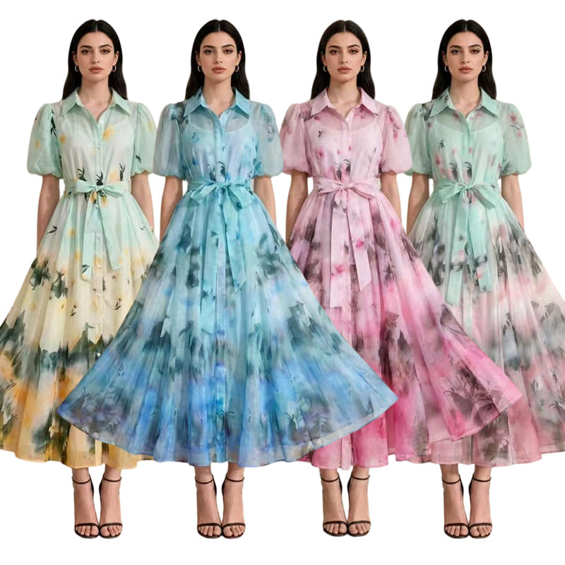 Retro Watercolor Gradient Midi Shirt Dress with Puff Sleeves