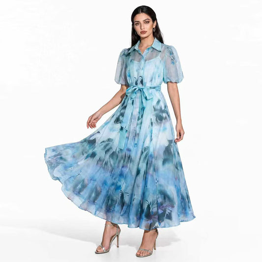 Retro Watercolor Gradient Midi Shirt Dress with Puff Sleeves
