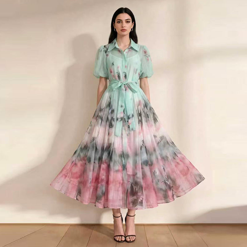 Retro Watercolor Gradient Midi Shirt Dress with Puff Sleeves