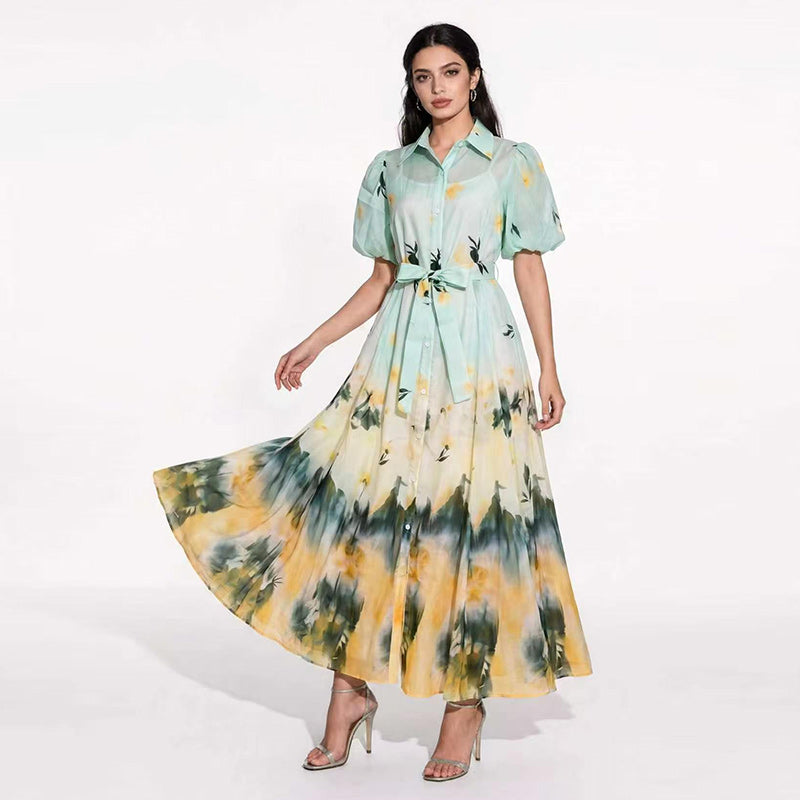 Retro Watercolor Gradient Midi Shirt Dress with Puff Sleeves