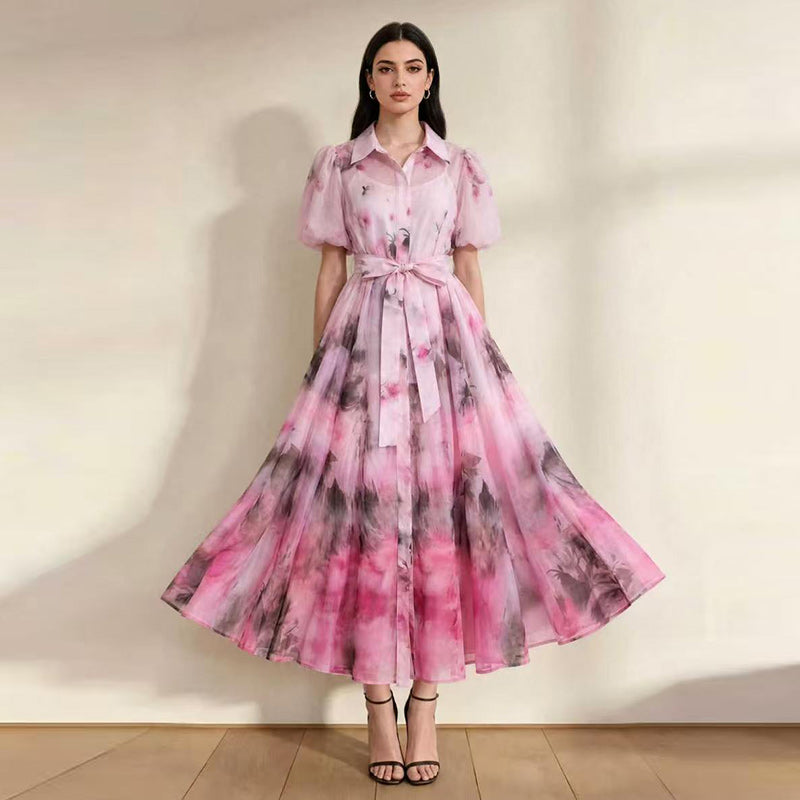 Retro Watercolor Gradient Midi Shirt Dress with Puff Sleeves