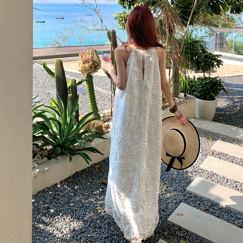 Riviera Bloom Floral Embroidery Halter Maxi Dress
