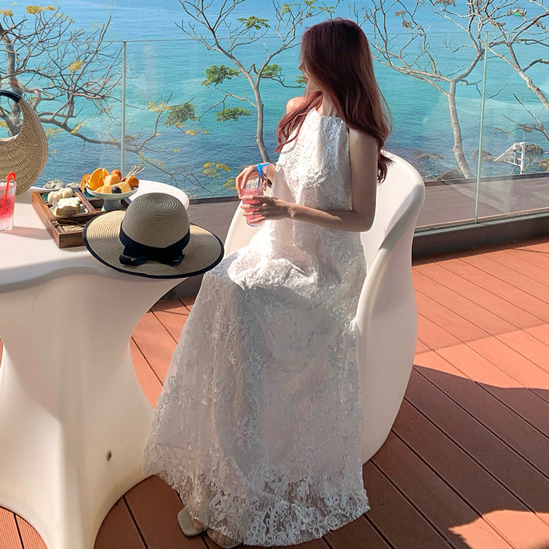 Riviera Bloom Floral Embroidery Halter Maxi Dress