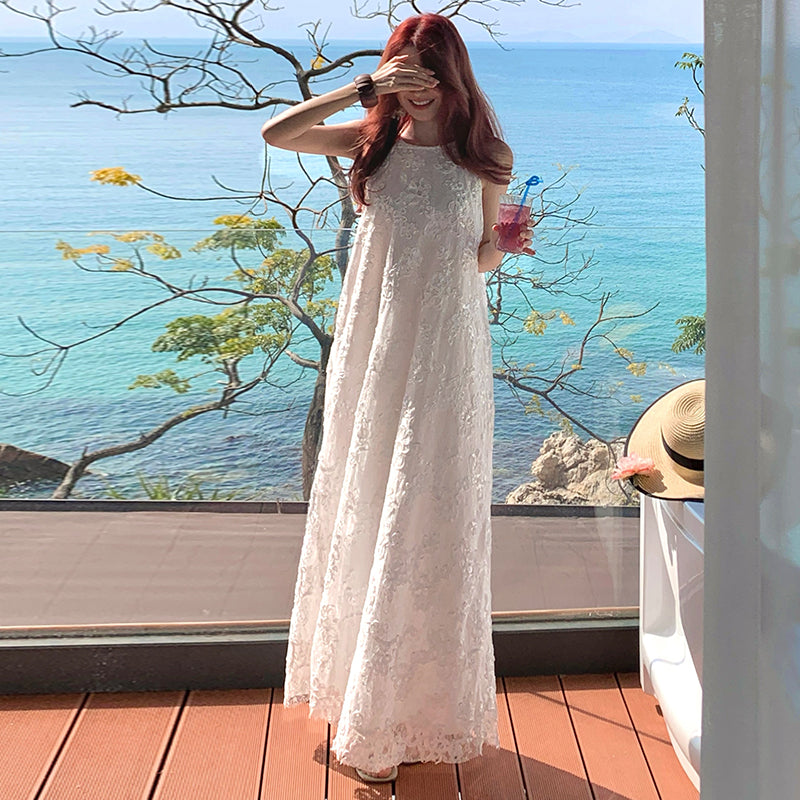 Riviera Bloom Floral Embroidery Halter Maxi Dress