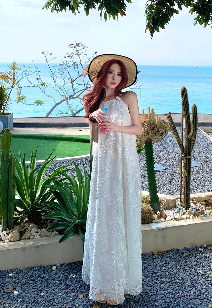Riviera Bloom Floral Embroidery Halter Maxi Dress