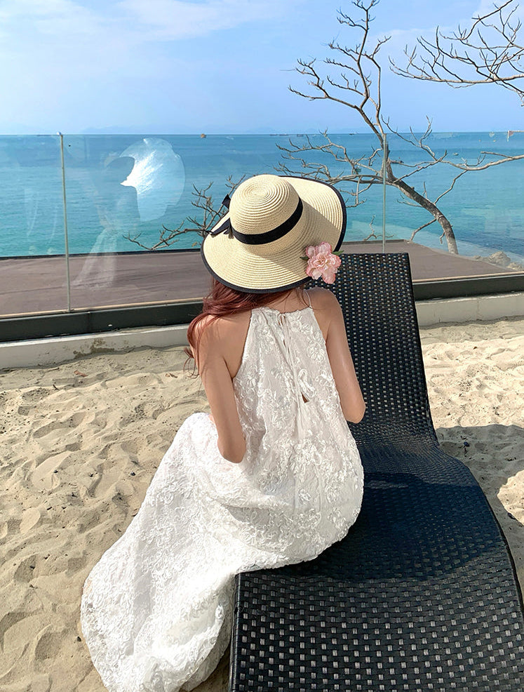 Riviera Bloom Floral Embroidery Halter Maxi Dress