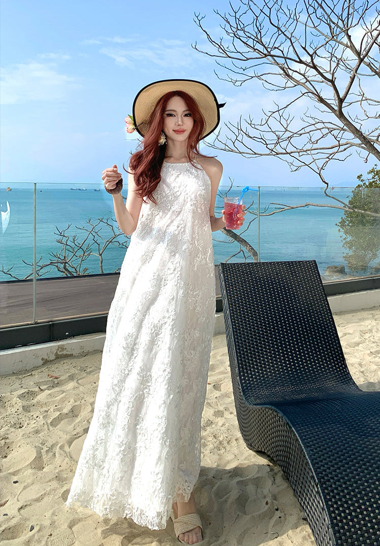 Riviera Bloom Floral Embroidery Halter Maxi Dress