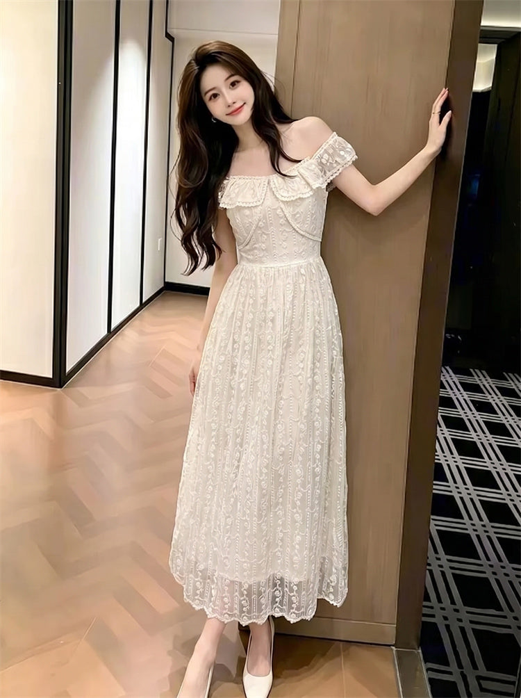 Riviera Off-Shoulder Ruffled Floral Lace Maxi Dress