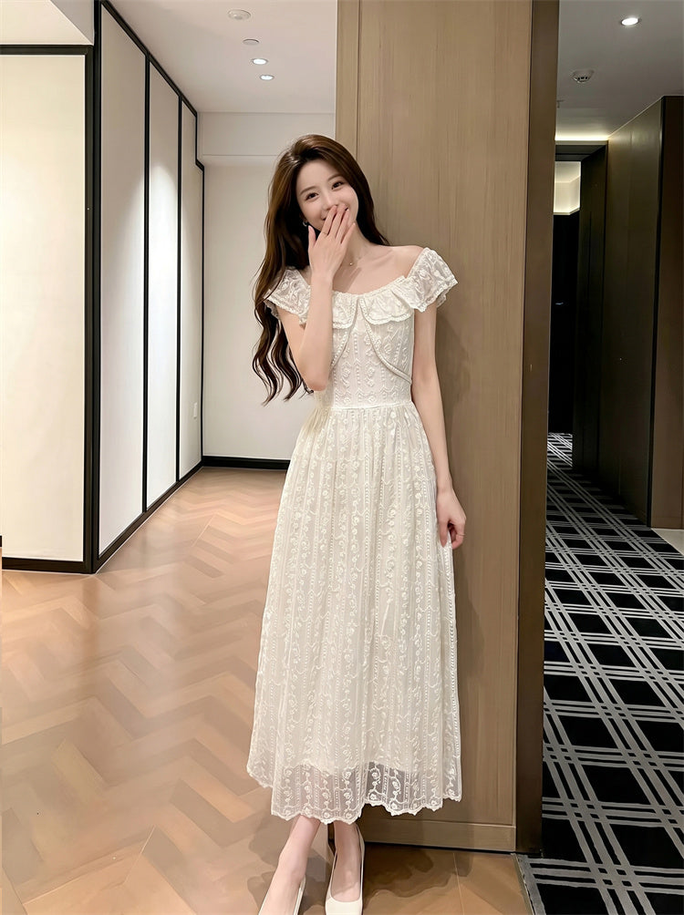 Riviera Off-Shoulder Ruffled Floral Lace Maxi Dress