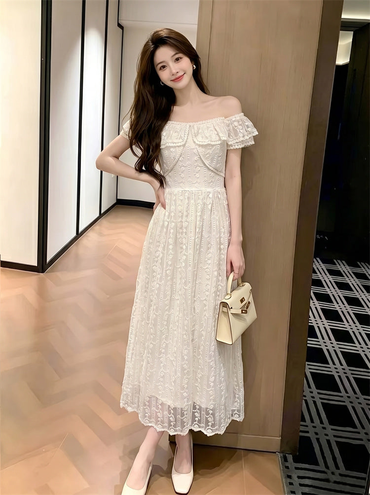 Riviera Off-Shoulder Ruffled Floral Lace Maxi Dress