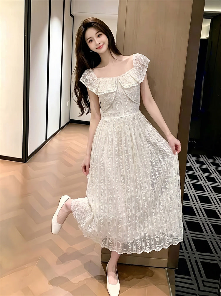 Riviera Off-Shoulder Ruffled Floral Lace Maxi Dress