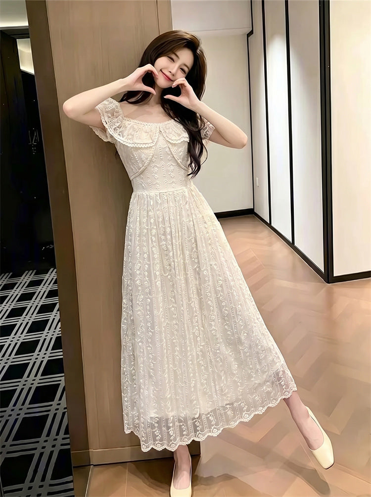Riviera Off-Shoulder Ruffled Floral Lace Maxi Dress