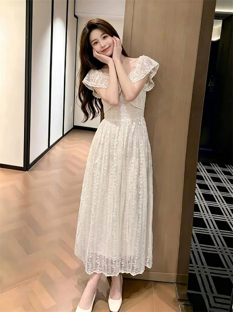 Riviera Off-Shoulder Ruffled Floral Lace Maxi Dress