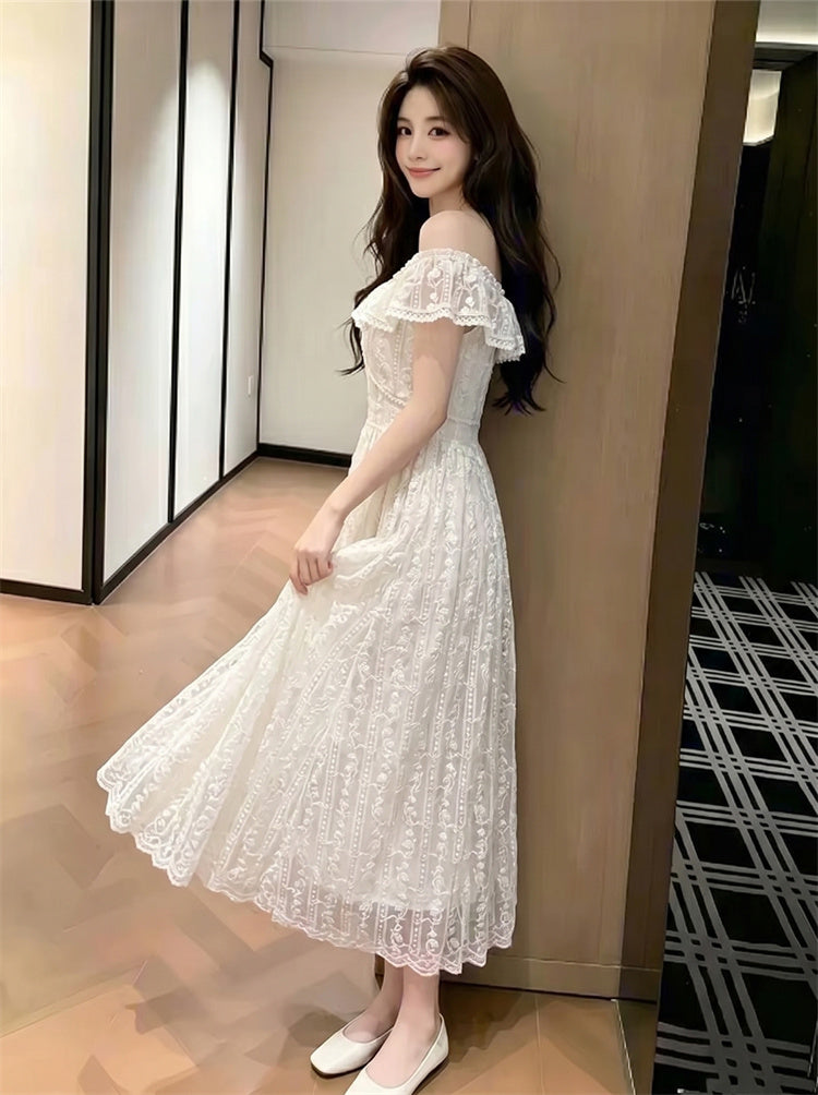 Riviera Off-Shoulder Ruffled Floral Lace Maxi Dress