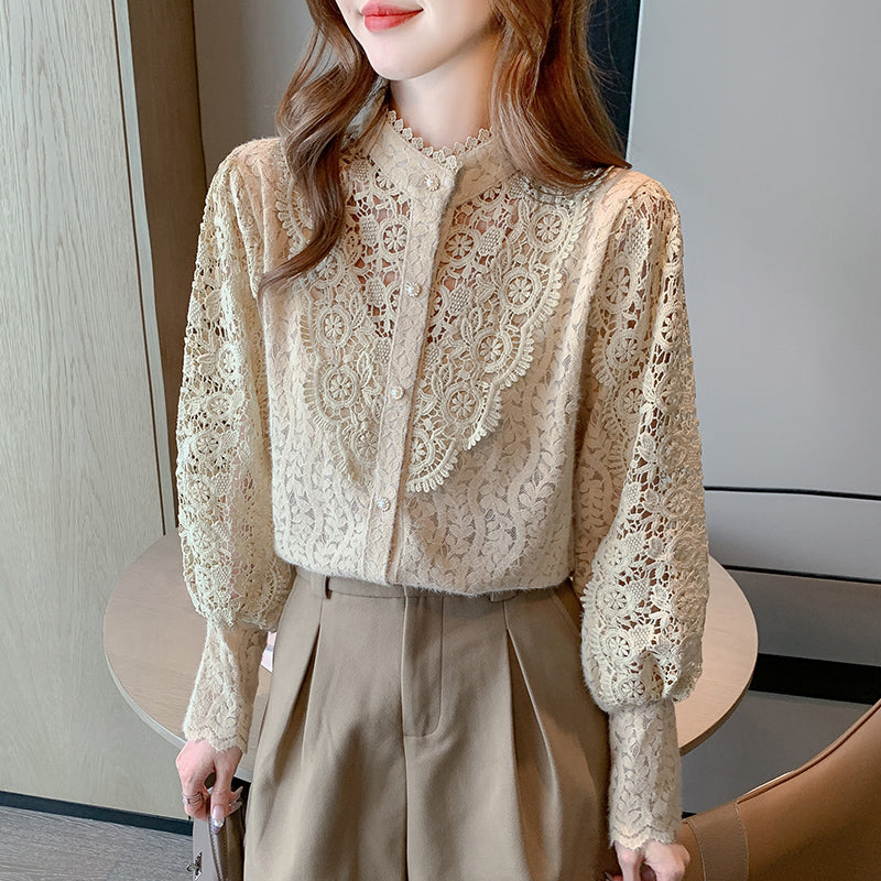 Rosalie Hollow-Out Guipure Lace Lantern Sleeve Blouse