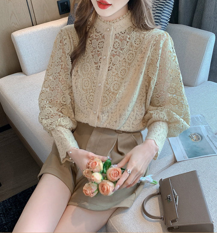 Rosalie Hollow-Out Guipure Lace Lantern Sleeve Blouse