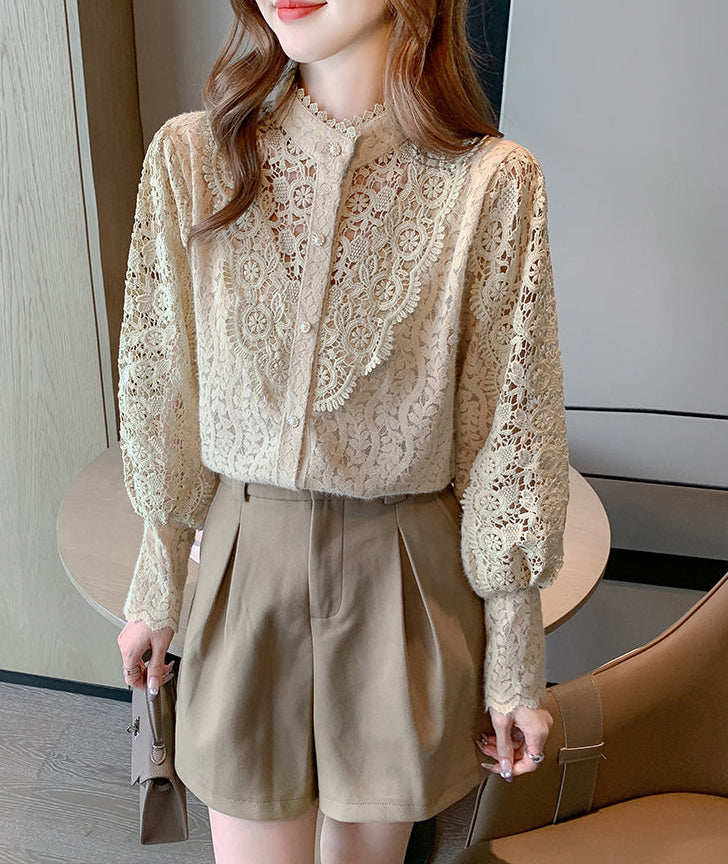 Rosalie Hollow-Out Guipure Lace Lantern Sleeve Blouse