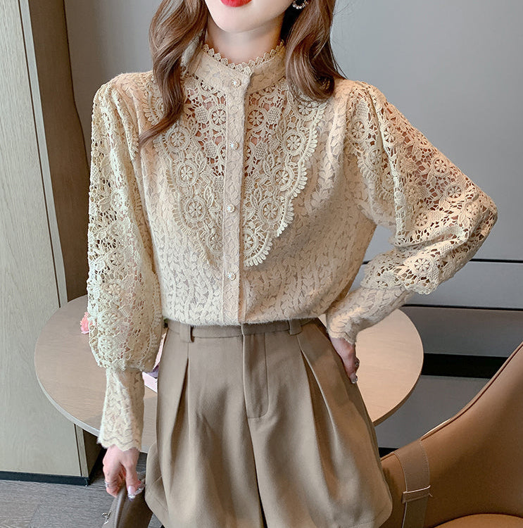 Rosalie Hollow-Out Guipure Lace Lantern Sleeve Blouse