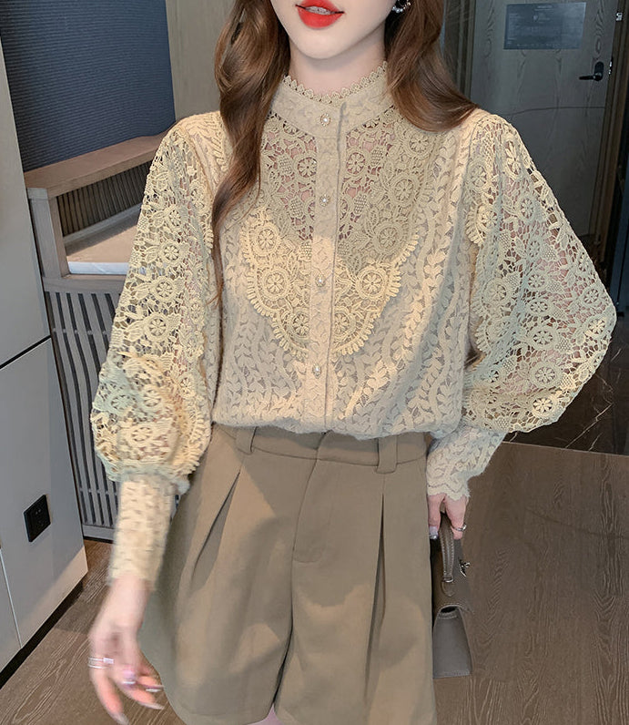 Rosalie Hollow-Out Guipure Lace Lantern Sleeve Blouse