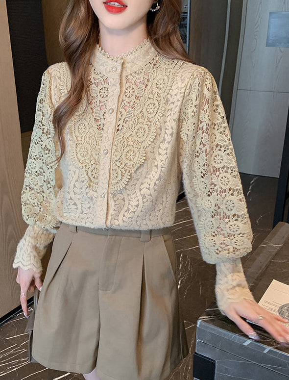 Rosalie Hollow-Out Guipure Lace Lantern Sleeve Blouse