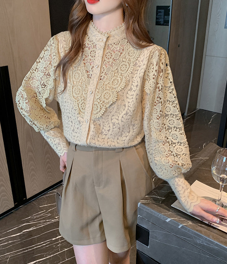 Rosalie Hollow-Out Guipure Lace Lantern Sleeve Blouse