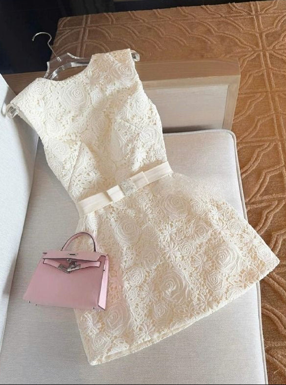Rose Embroidery A-Line Dress with Bow Belt
