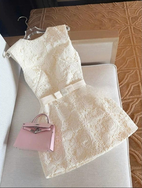 Rose Embroidery A-Line Dress with Bow Belt