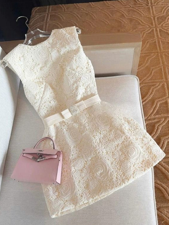 Rose Embroidery A-Line Dress with Bow Belt