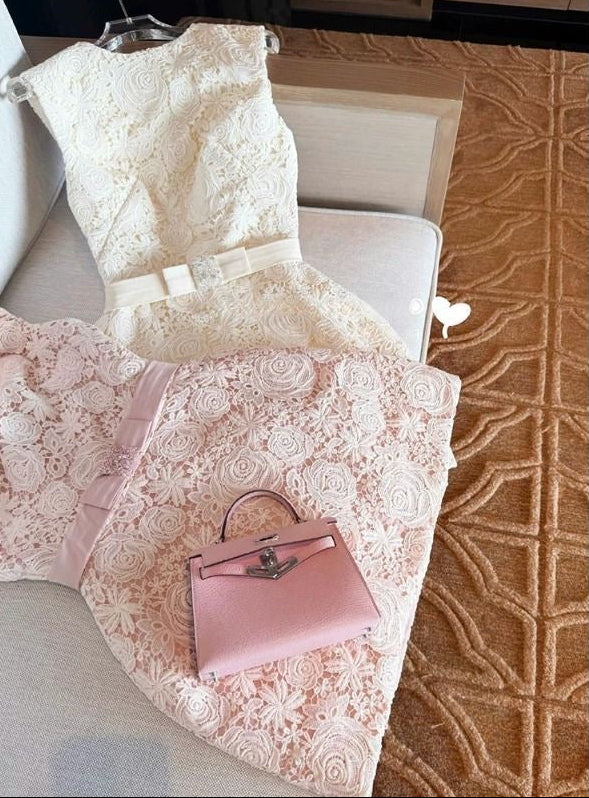 Rose Embroidery A-Line Dress with Bow Belt