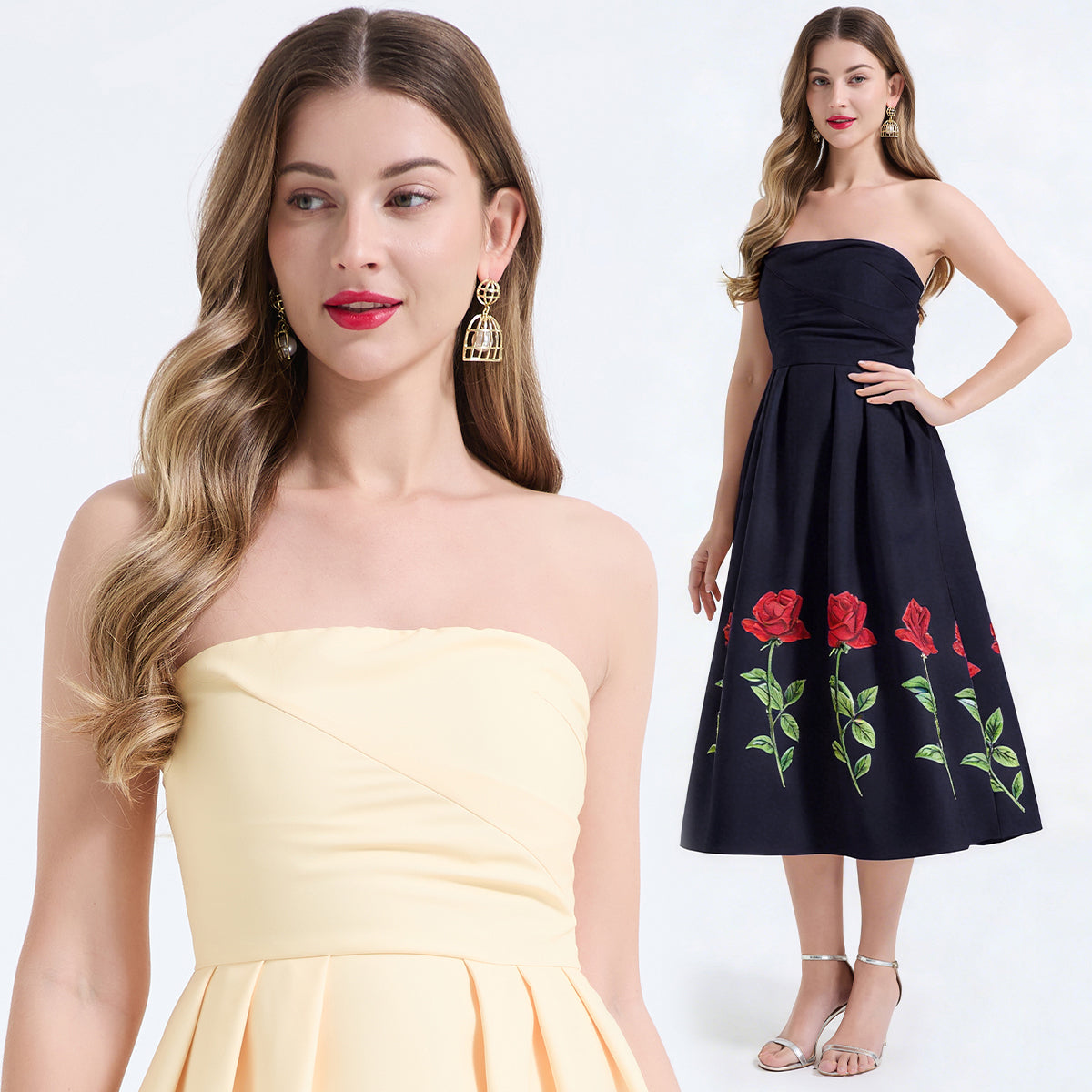 Rose Print Strapless Dress Three-Dimensional Pleated Slim Fit High Waist Dress