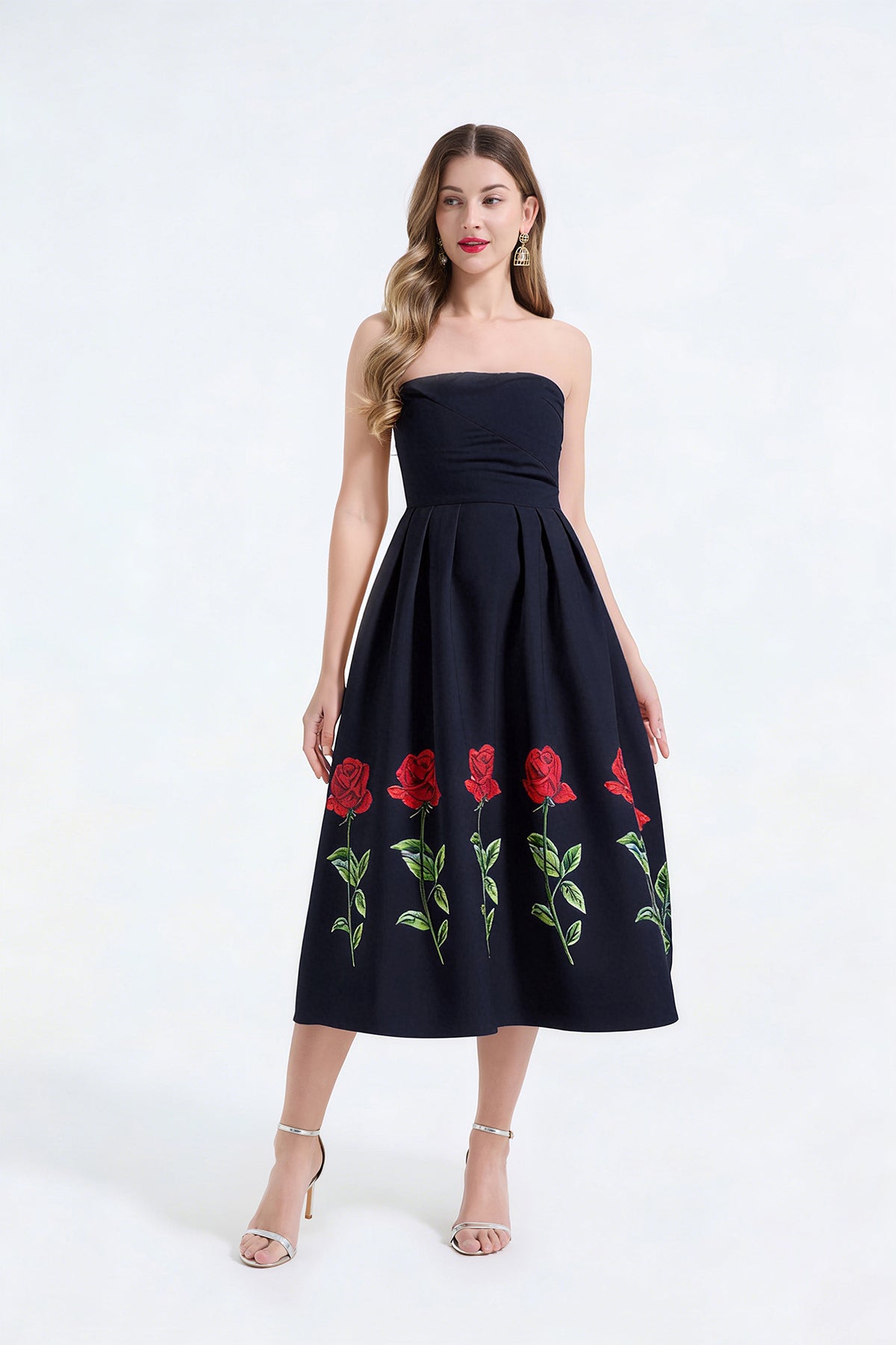 Rose Print Strapless Dress Three-Dimensional Pleated Slim Fit High Waist Dress