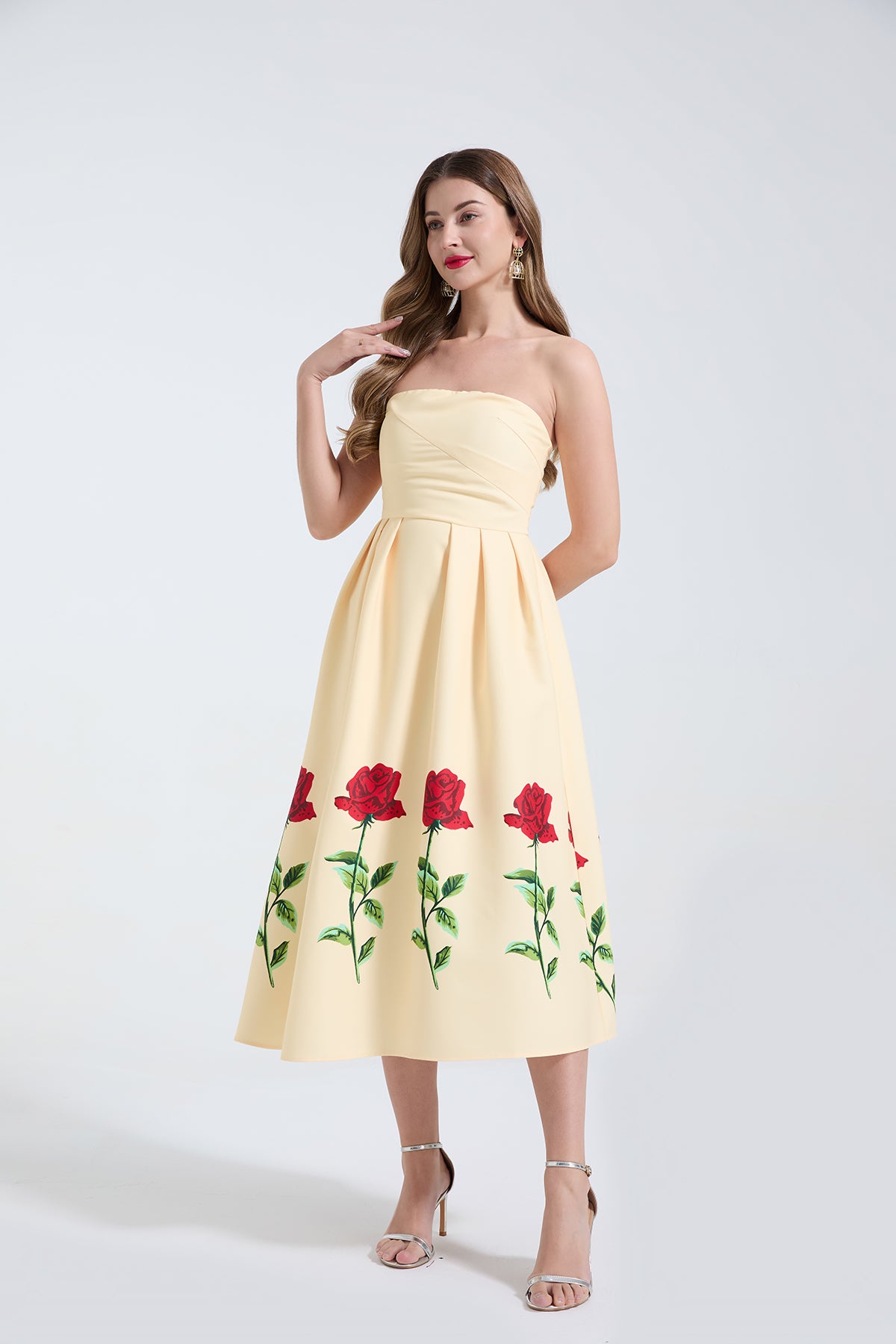 Rose Print Strapless Dress Three-Dimensional Pleated Slim Fit High Waist Dress