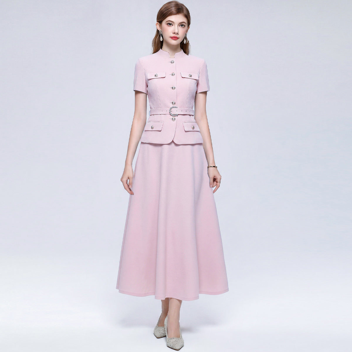 Rose Quartz Belted Blazer Style Midi Dress