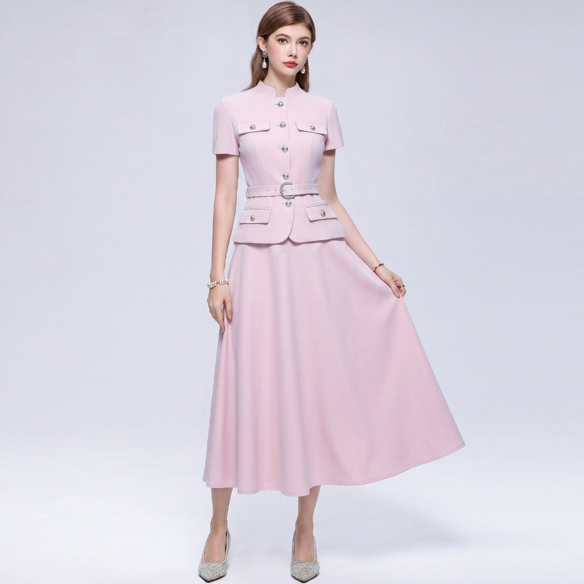 Rose Quartz Belted Blazer Style Midi Dress