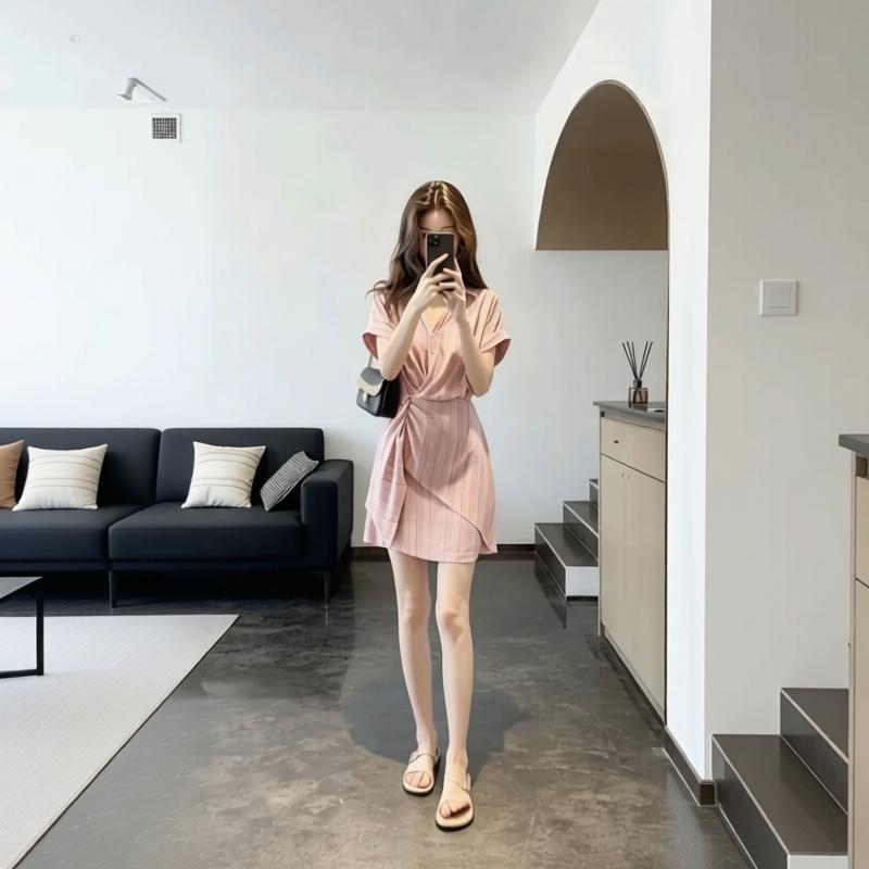 Rose Striped Asymmetric Shirt Dress