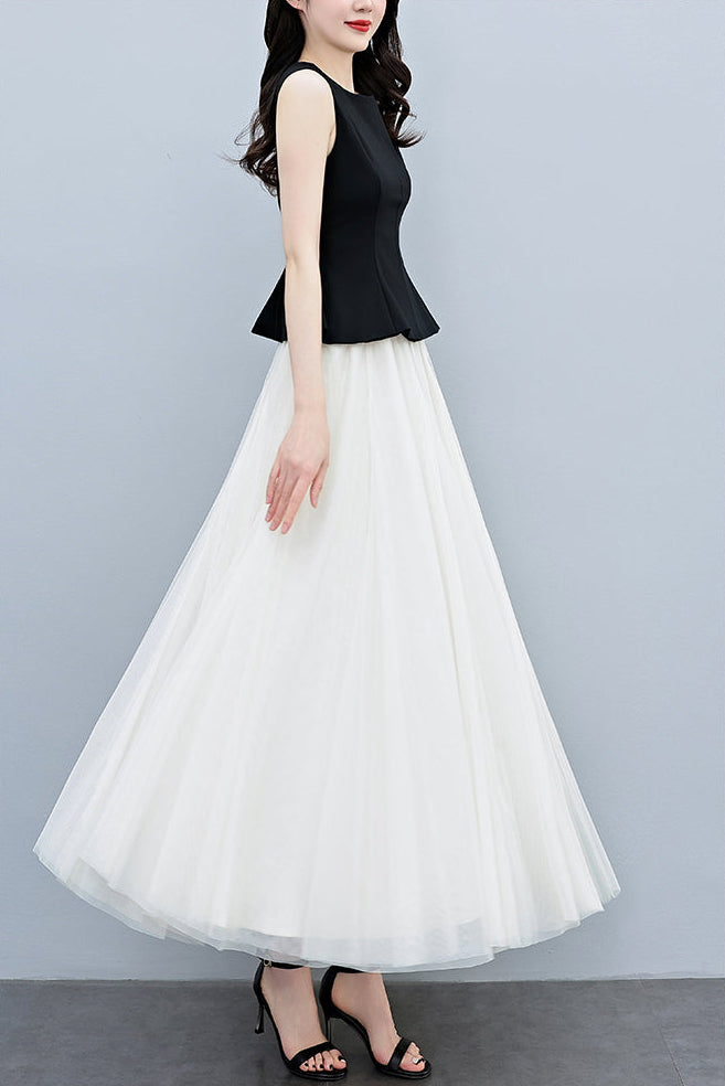 Plus Size Round Neck Peplum Top With Tulle Skirt