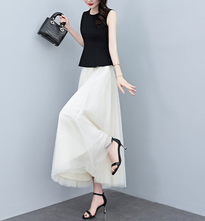 Plus Size Round Neck Peplum Top With Tulle Skirt