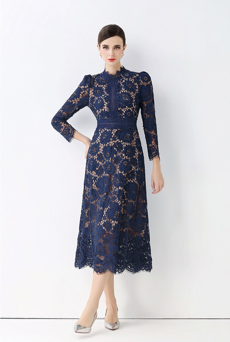 Royal Blue Elegant Round Neck Hollowed-out Lace Dress