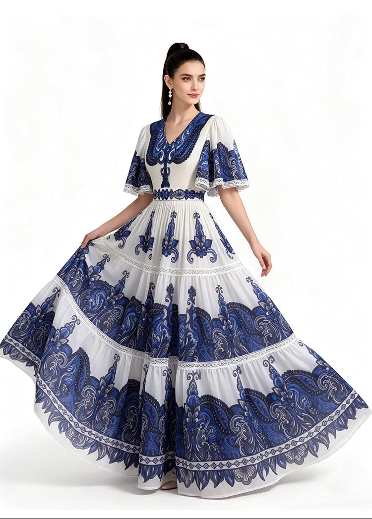 Royal Blue Tile Print Flutter-Sleeve Maxi Dress