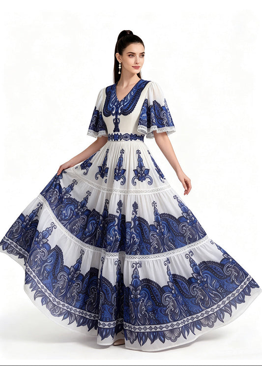 Royal Blue Tile Print Flutter-Sleeve Maxi Dress